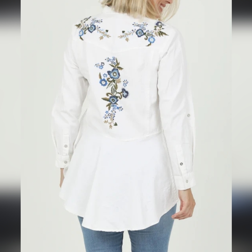 Boho Embroidered Top Floral Denim Women White SzL‎ High-Low - Picture 15 of 15